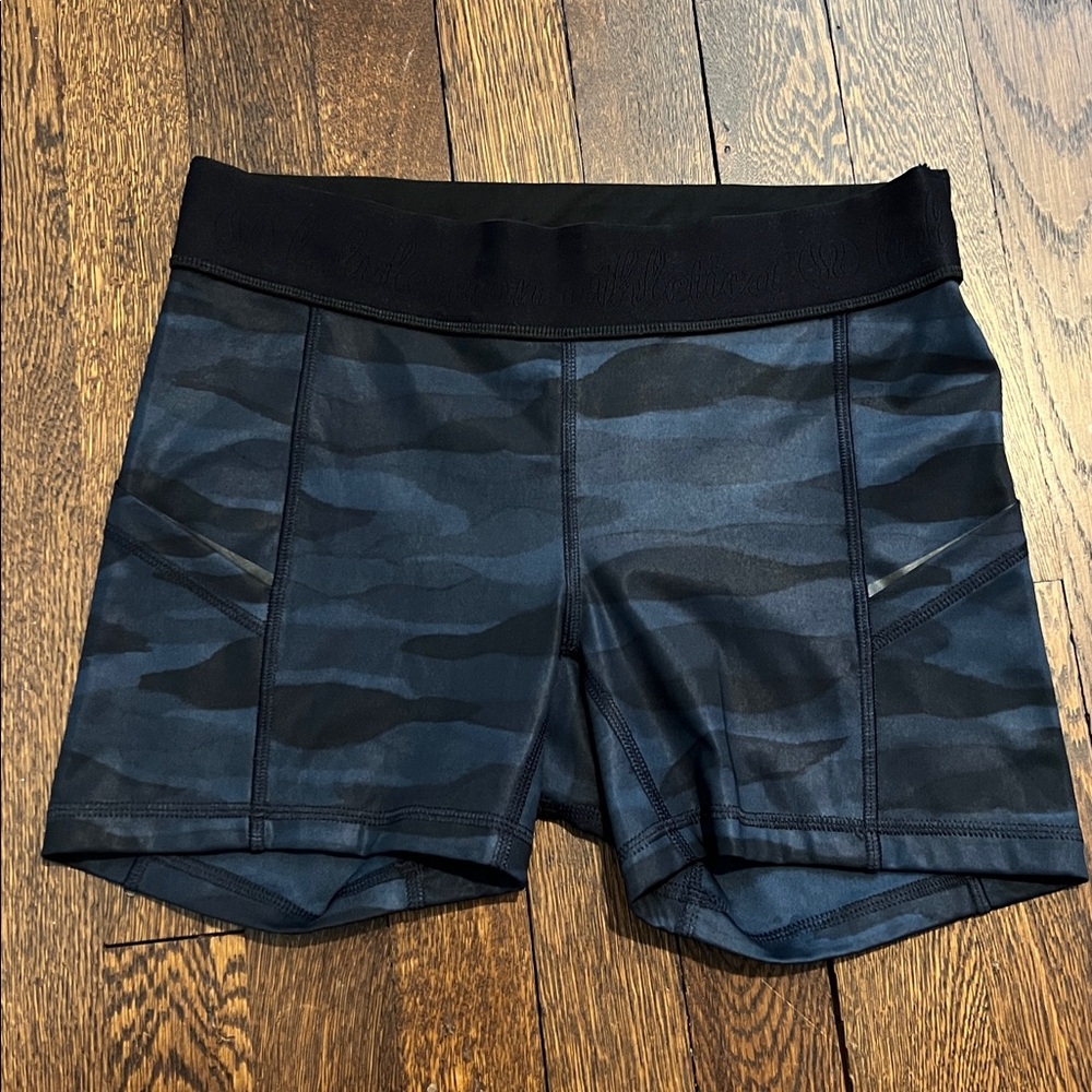Lululemon Blue Camouflage Shorts with Logo Waistband and pockets